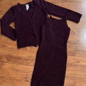 Y2K Dark Burgundy Knit Dress and Cardigan Set | Size Small